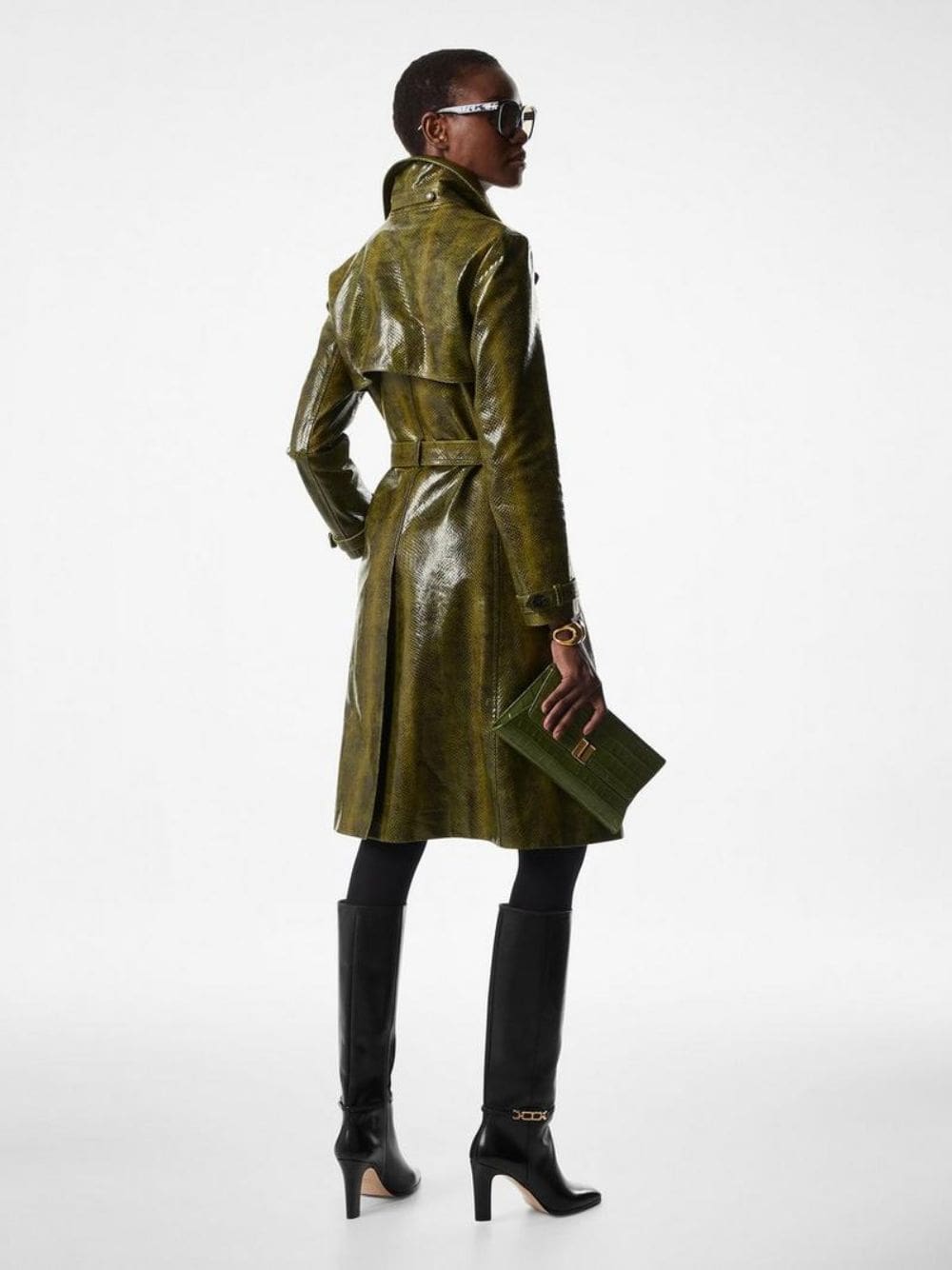 Olive Green Ayers Printed Leather Trench Coat