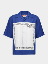 Marni Blue Linen Bowling Shirt with Embroidered Inlay