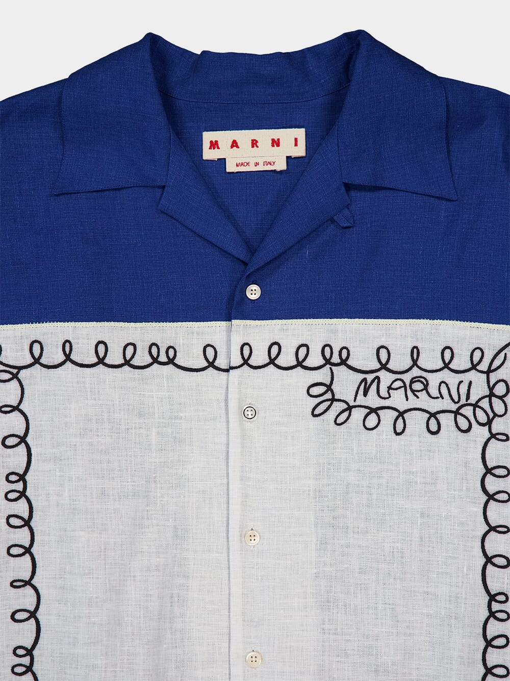 Blue Linen Bowling Shirt with Embroidered Inlay