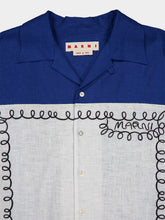 Marni Blue Linen Bowling Shirt with Embroidered Inlay