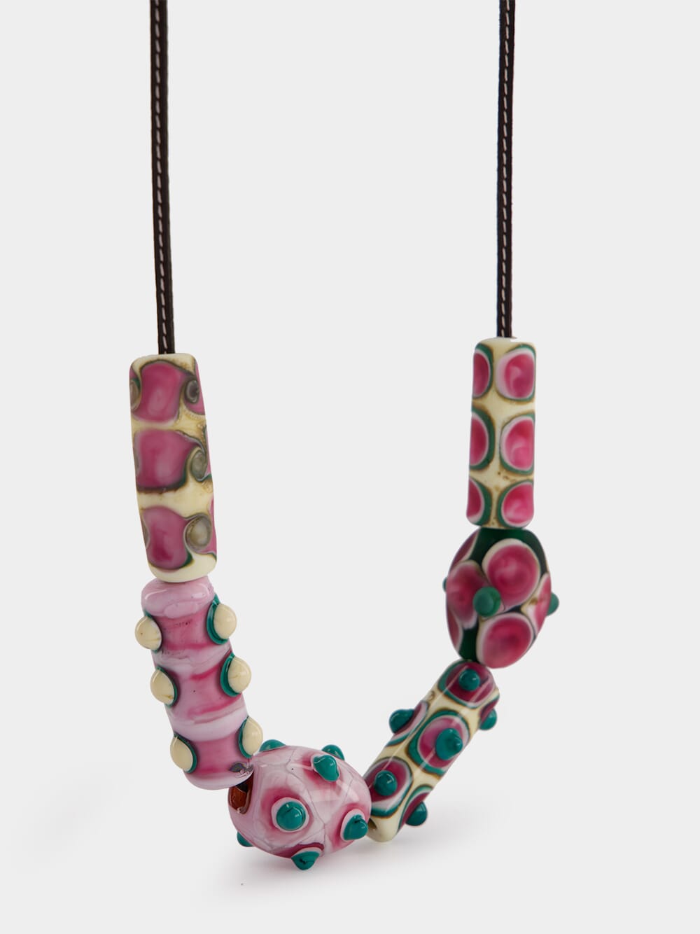 Pink Beatle Beaded Leather Necklace