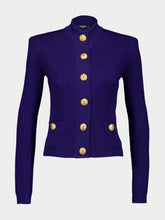 Balmain Cobalt Blue Gingham Openwork Knit Cardigan