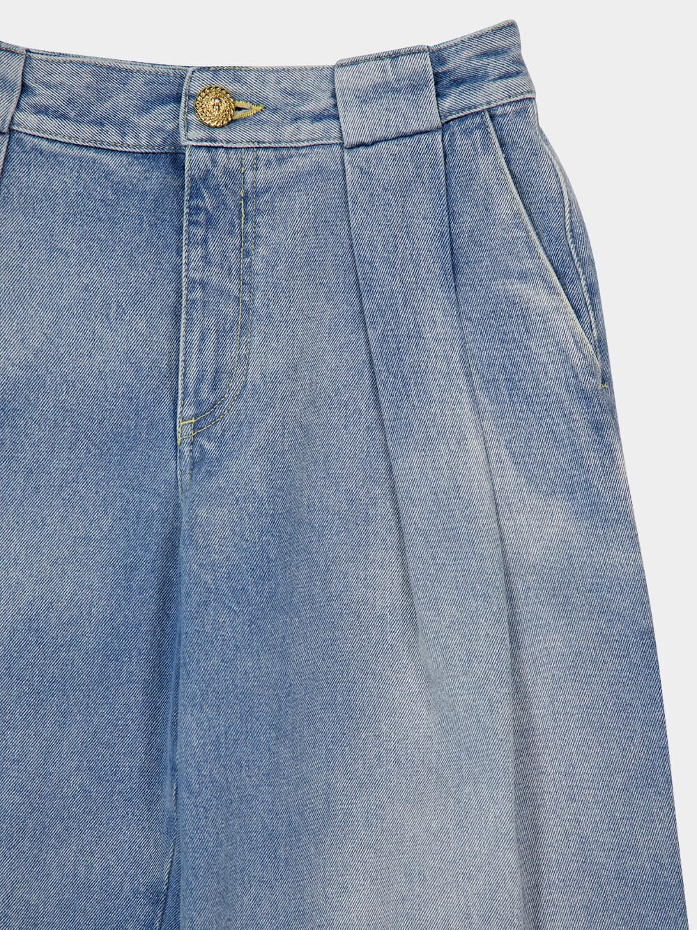 Blue Pleated High-Waisted Jeans