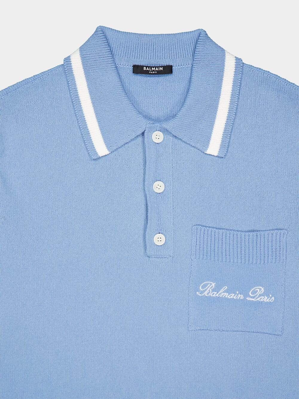 Blue Wool Polo Shirt with Balmain Signature Embroidery