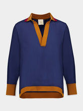 Paula Diane Navy Blazer Silk V-Neck Long-Sleeve Top