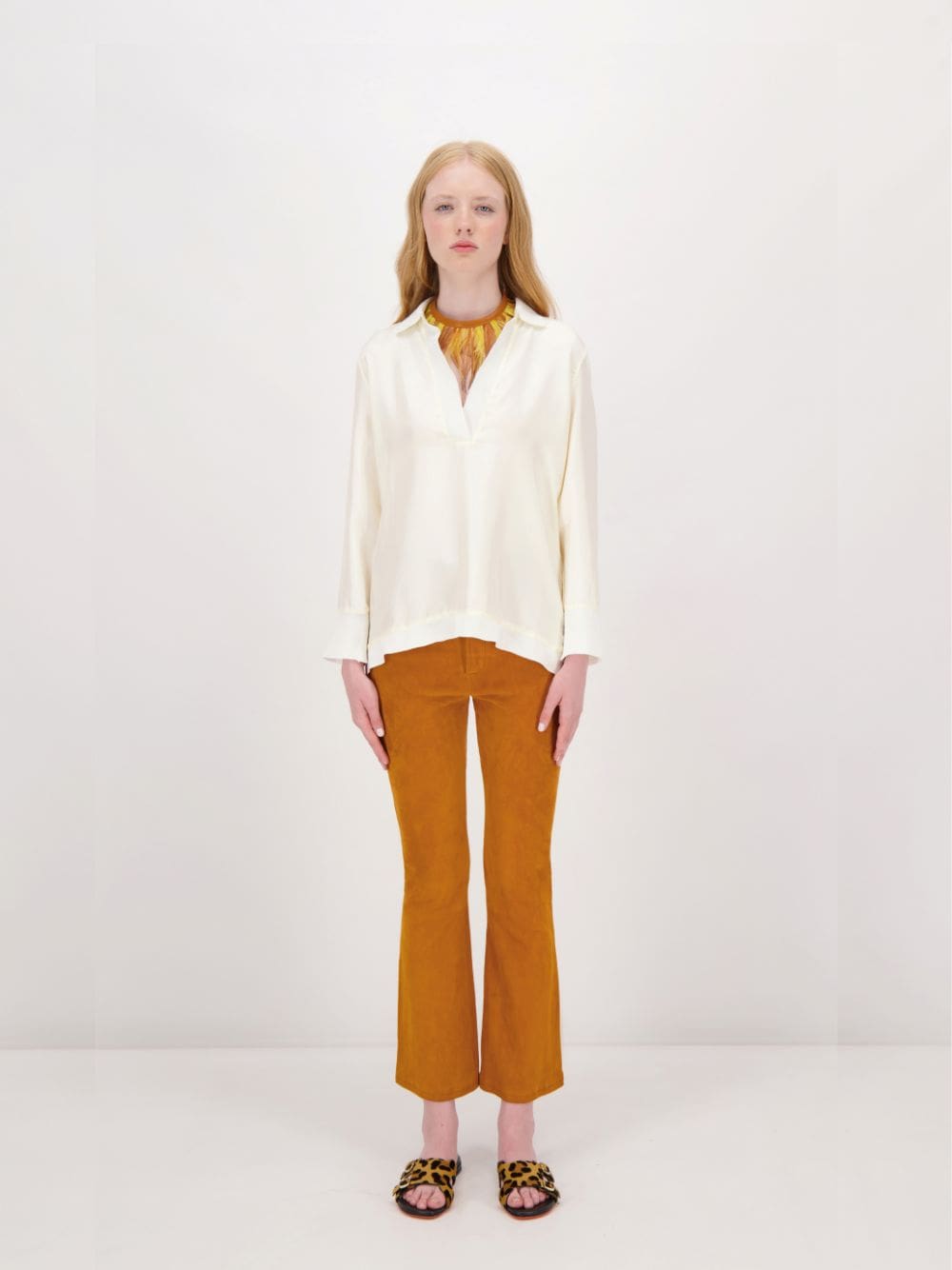 Diane Vanilla Custard Silk Twill V-Neck Long-Sleeve