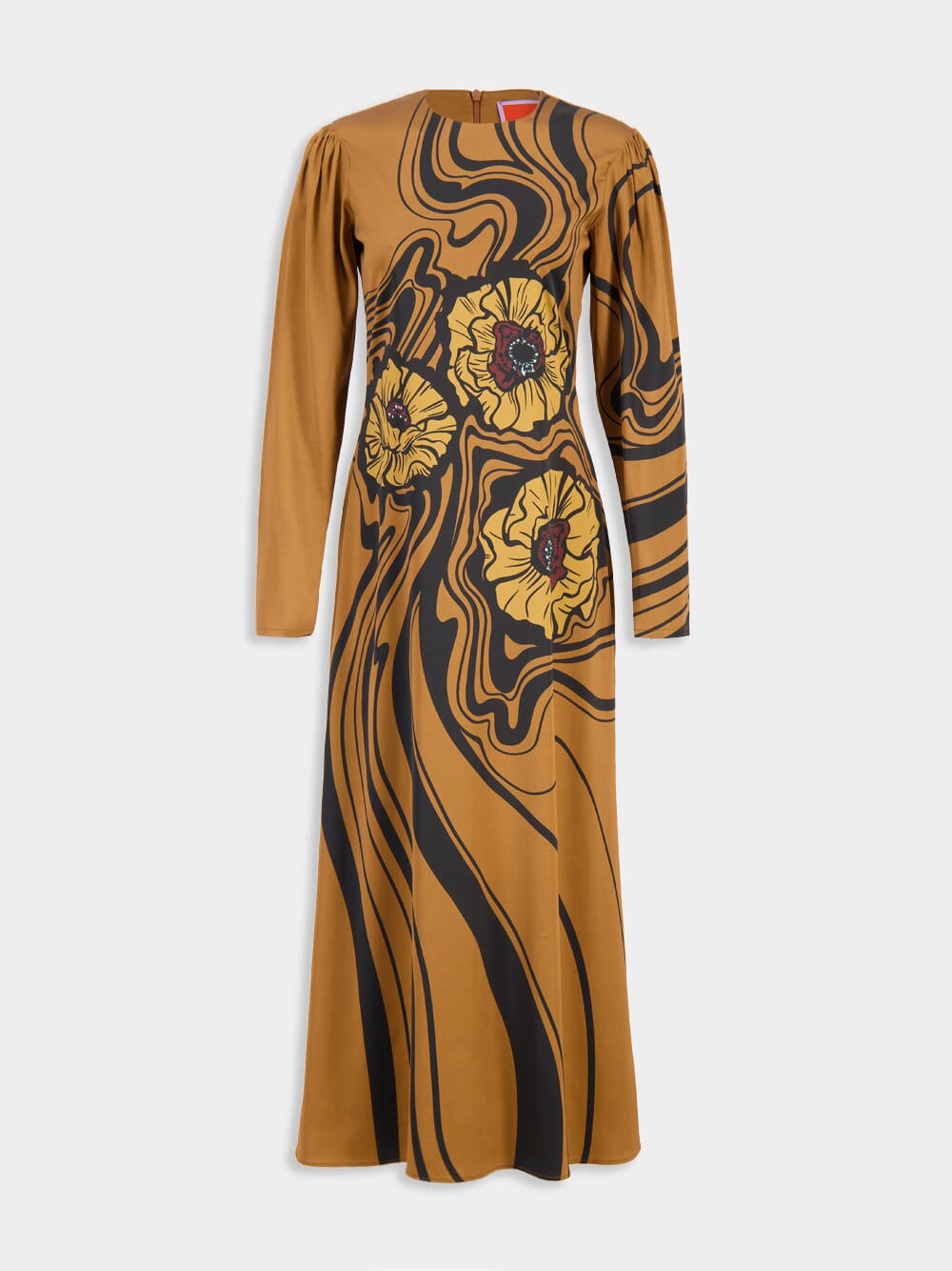 Brown Big Blooms Long-Sleeve Stretch Satin Dress