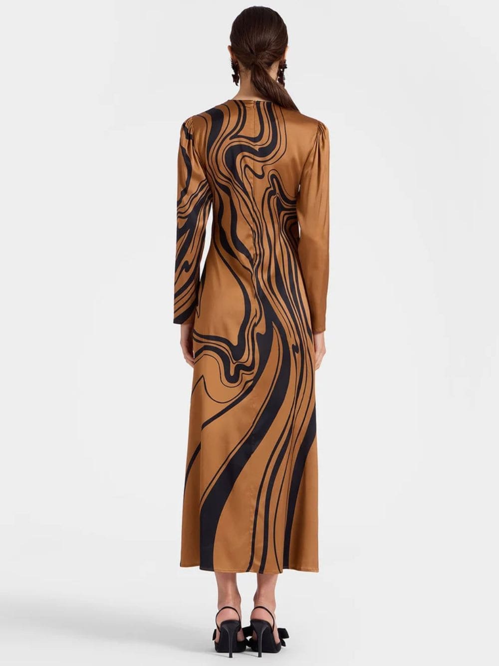 Brown Big Blooms Long-Sleeve Stretch Satin Dress