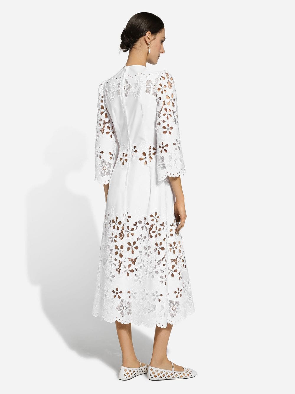 White Cotton Calf-Length Dress with Cut-Out Detailing