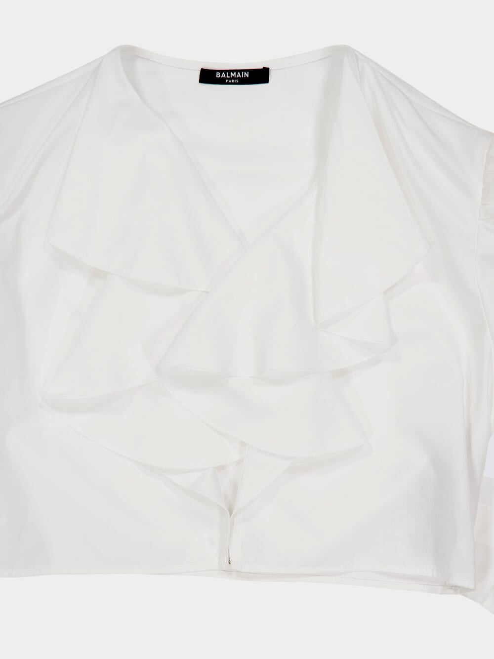 White Cropped Ruffled Poplin Shirt