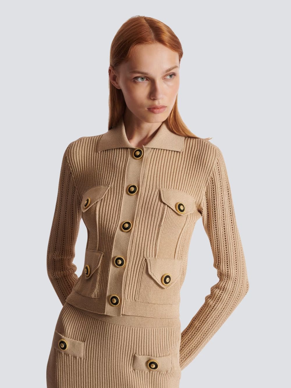 Beige Cropped Ribbed Knit Cardigan