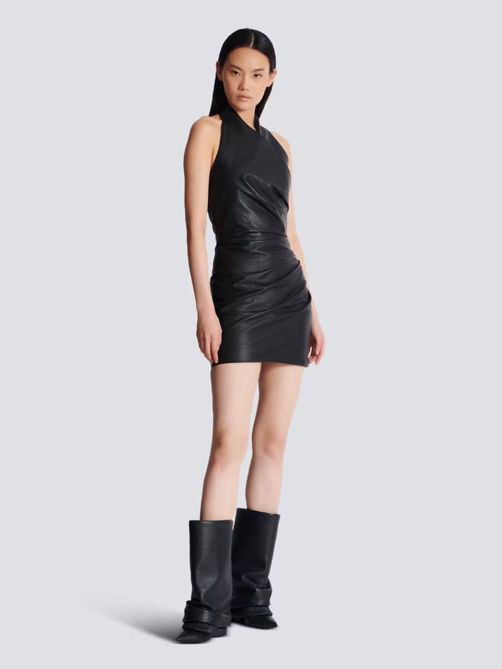 Black Draped Leather Halterneck Dress