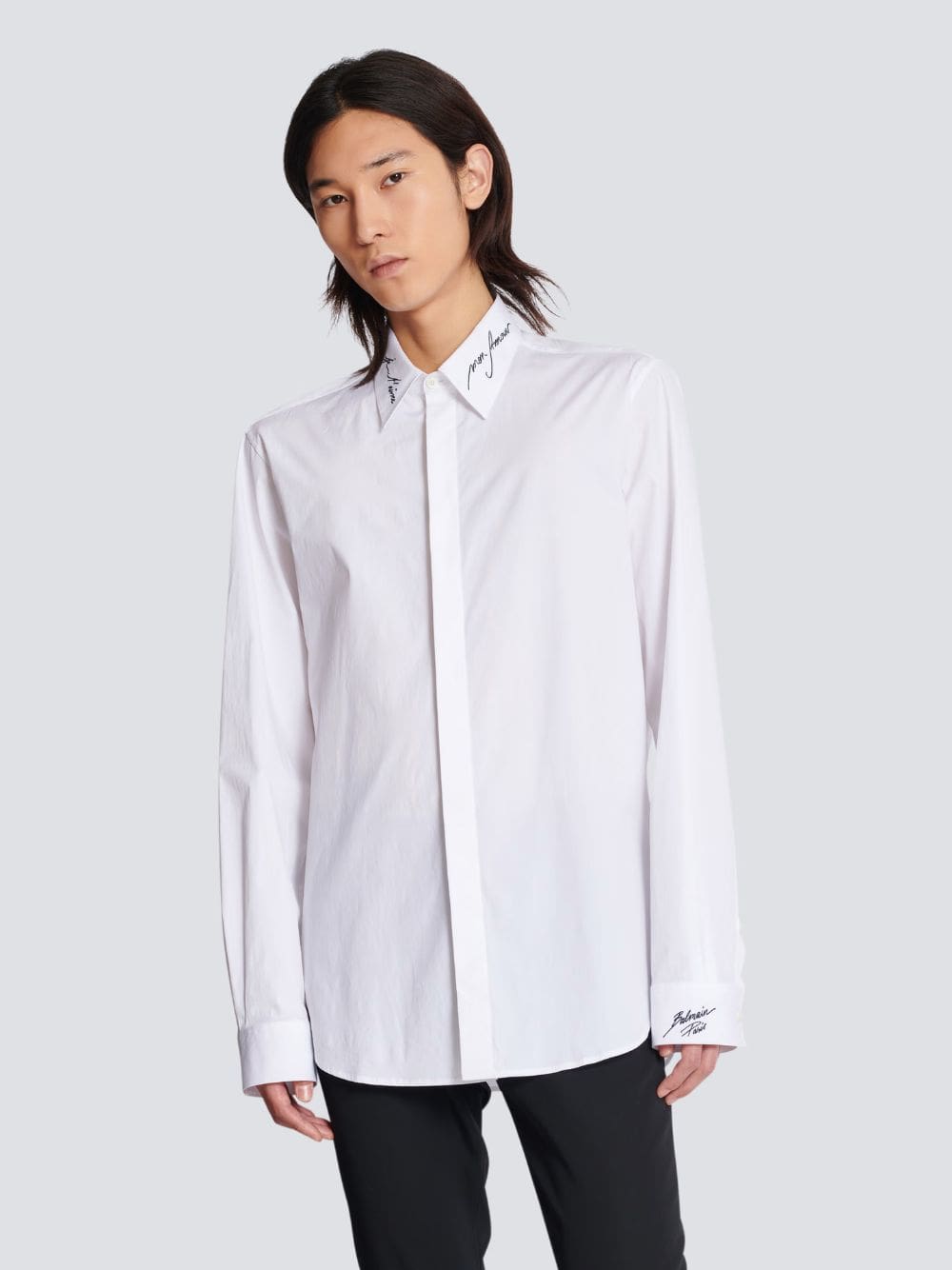 White Poplin Shirt with Embroidered Collar