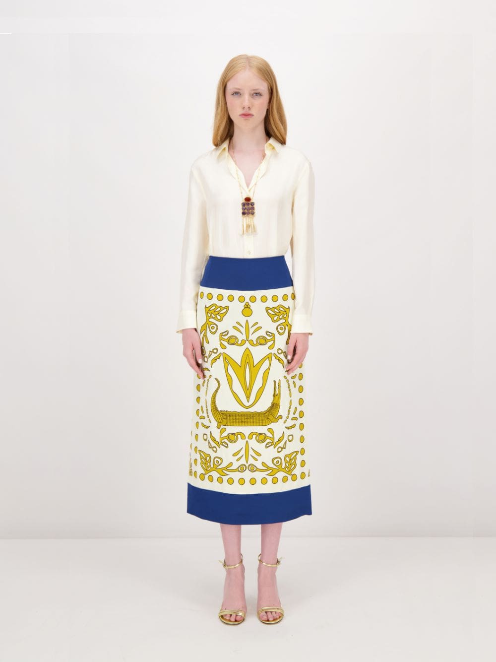 Elizabeth Vanilla Custard Embroidered Pencil Skirt