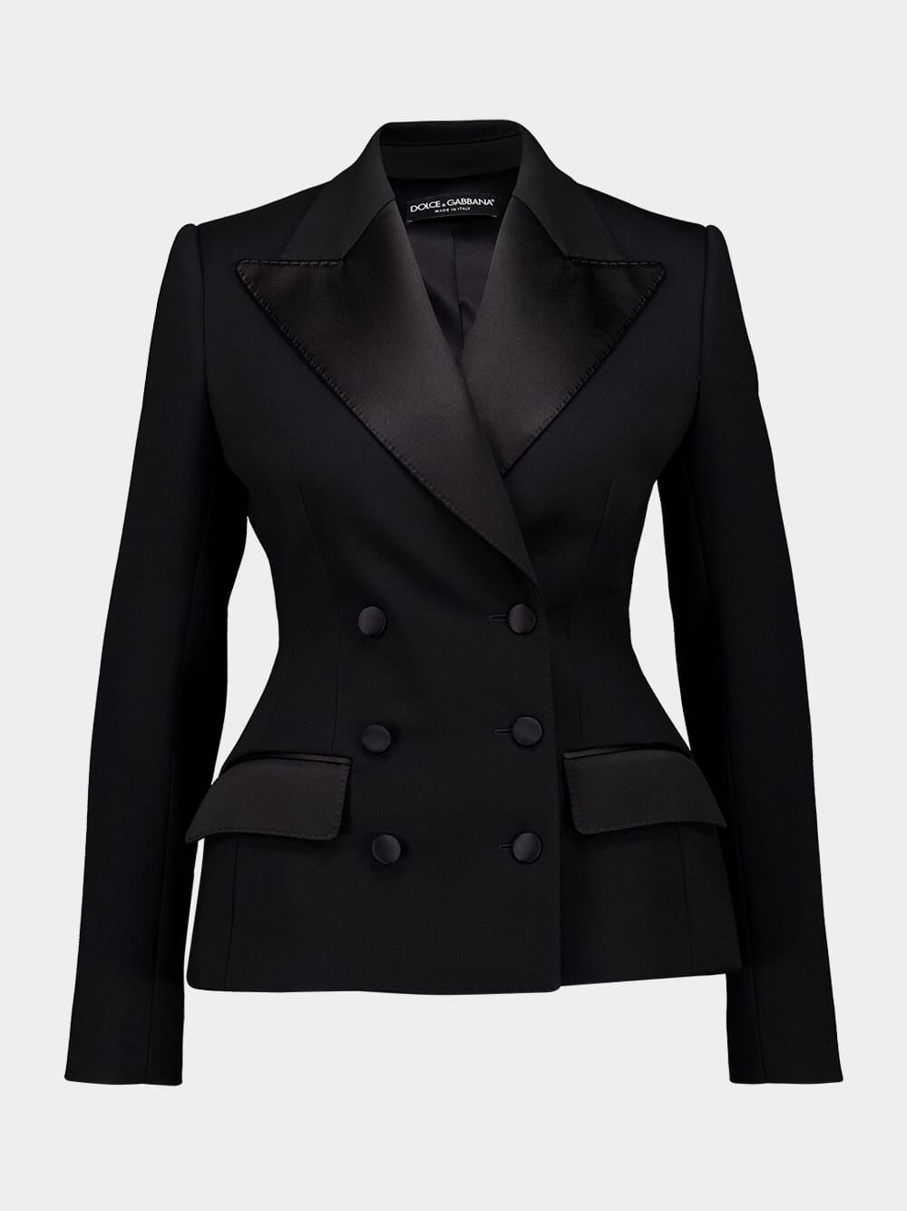 Black Double-Breasted Stretch Wool Tuxedo Jacket