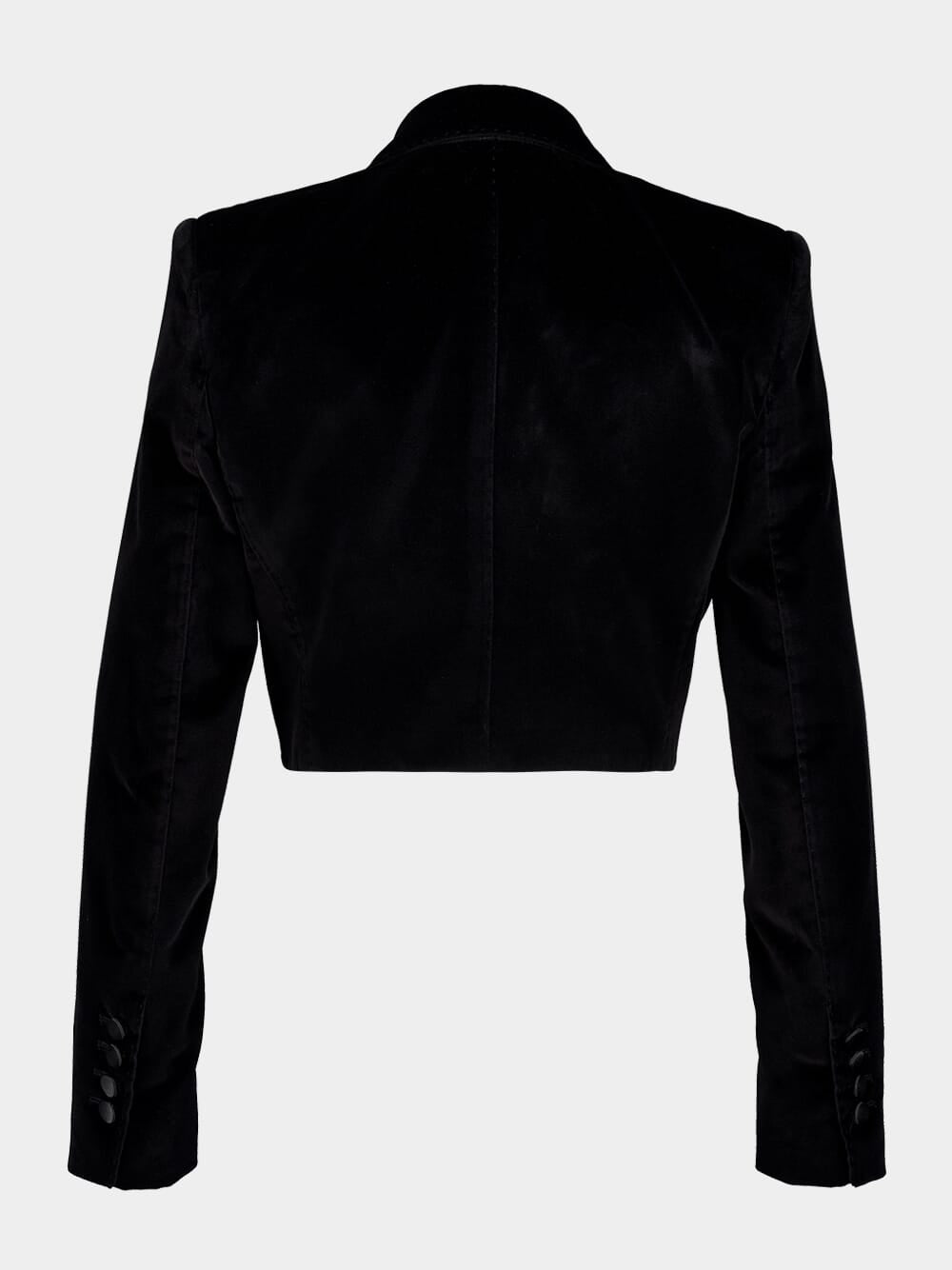 Black Cropped Double-Breasted Velvet Tuxedo Blazer