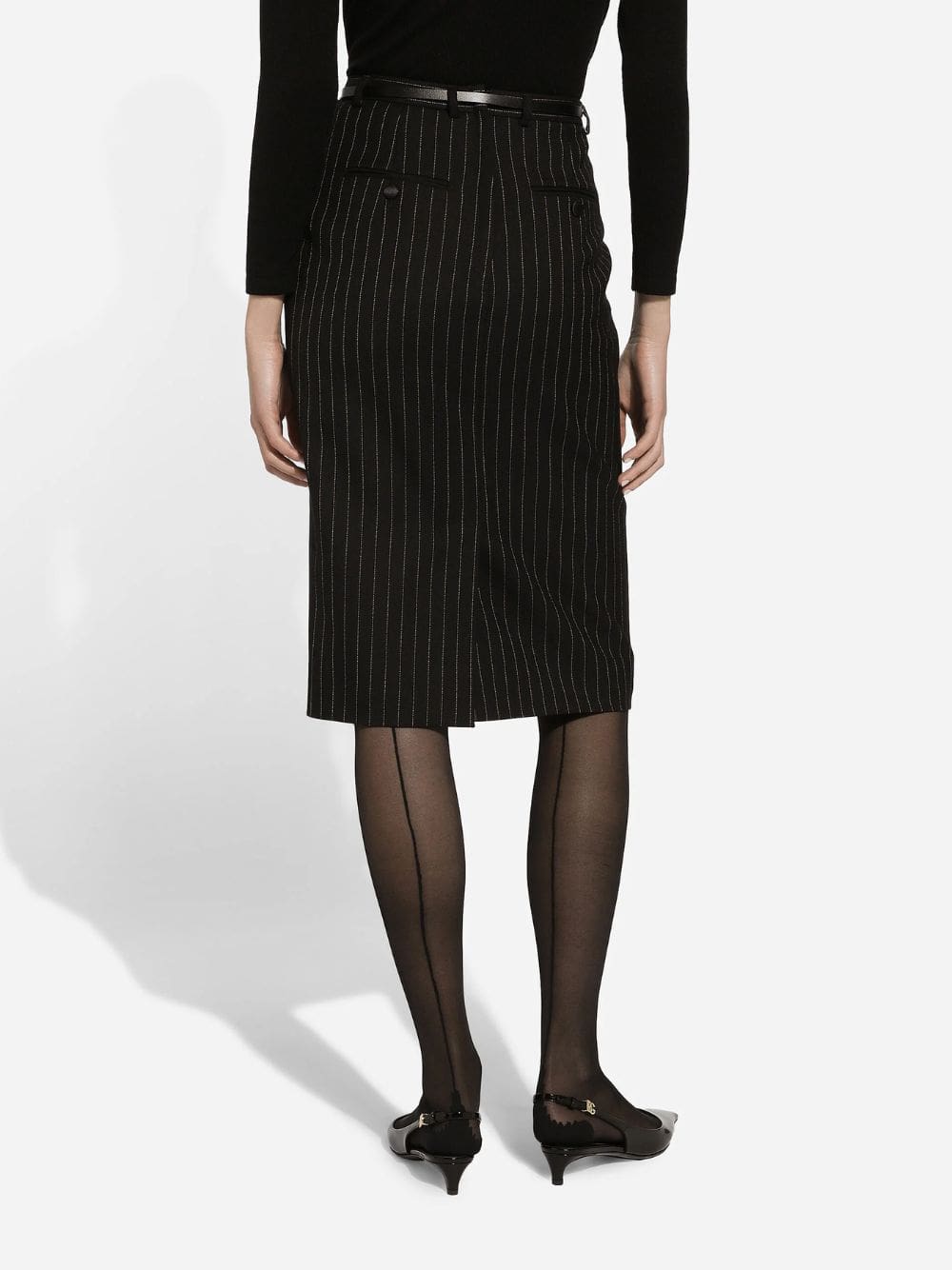 Black Pinstripe Wool Pencil Skirt