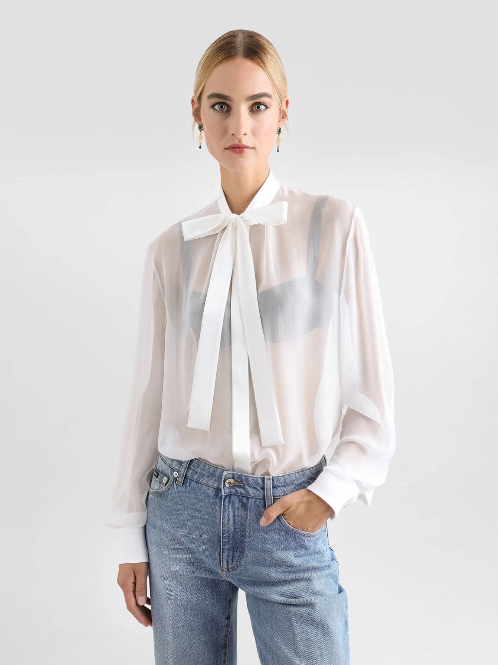 White Silk Chiffon Bow-Tie Shirt