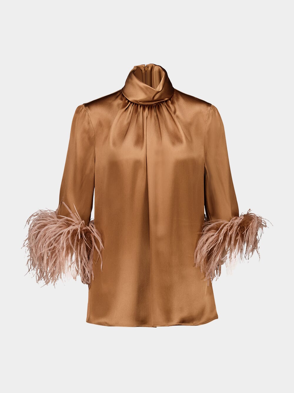 Brown Satin Turtleneck Top with Feathers