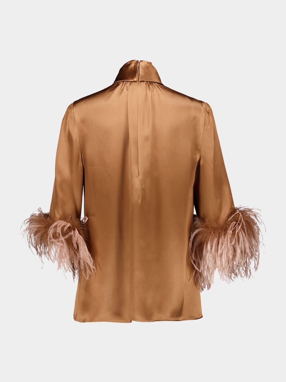 Brown Satin Turtleneck Top with Feathers