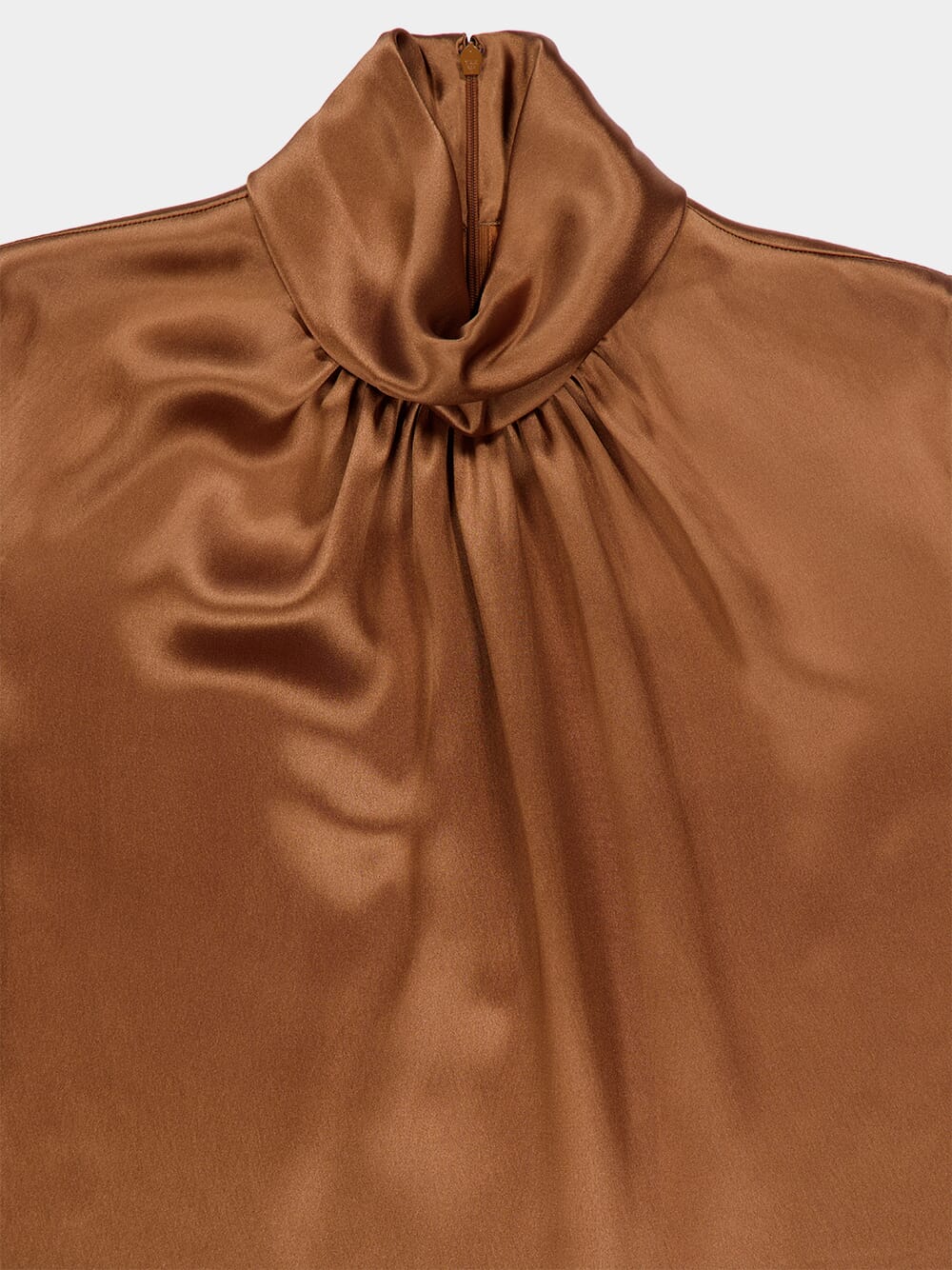 Brown Satin Turtleneck Top with Feathers