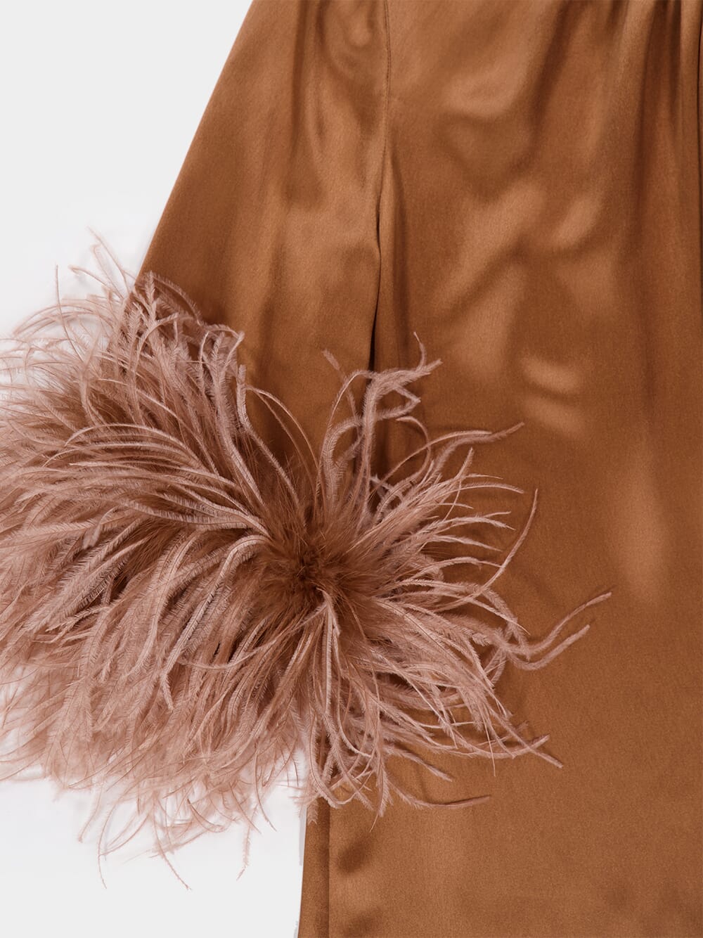 Brown Satin Turtleneck Top with Feathers