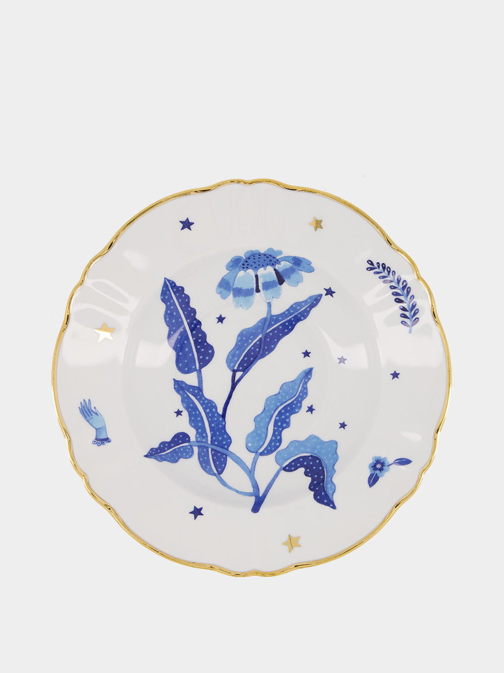 Floral Blue Gold Trim Porcelain Soup Plate