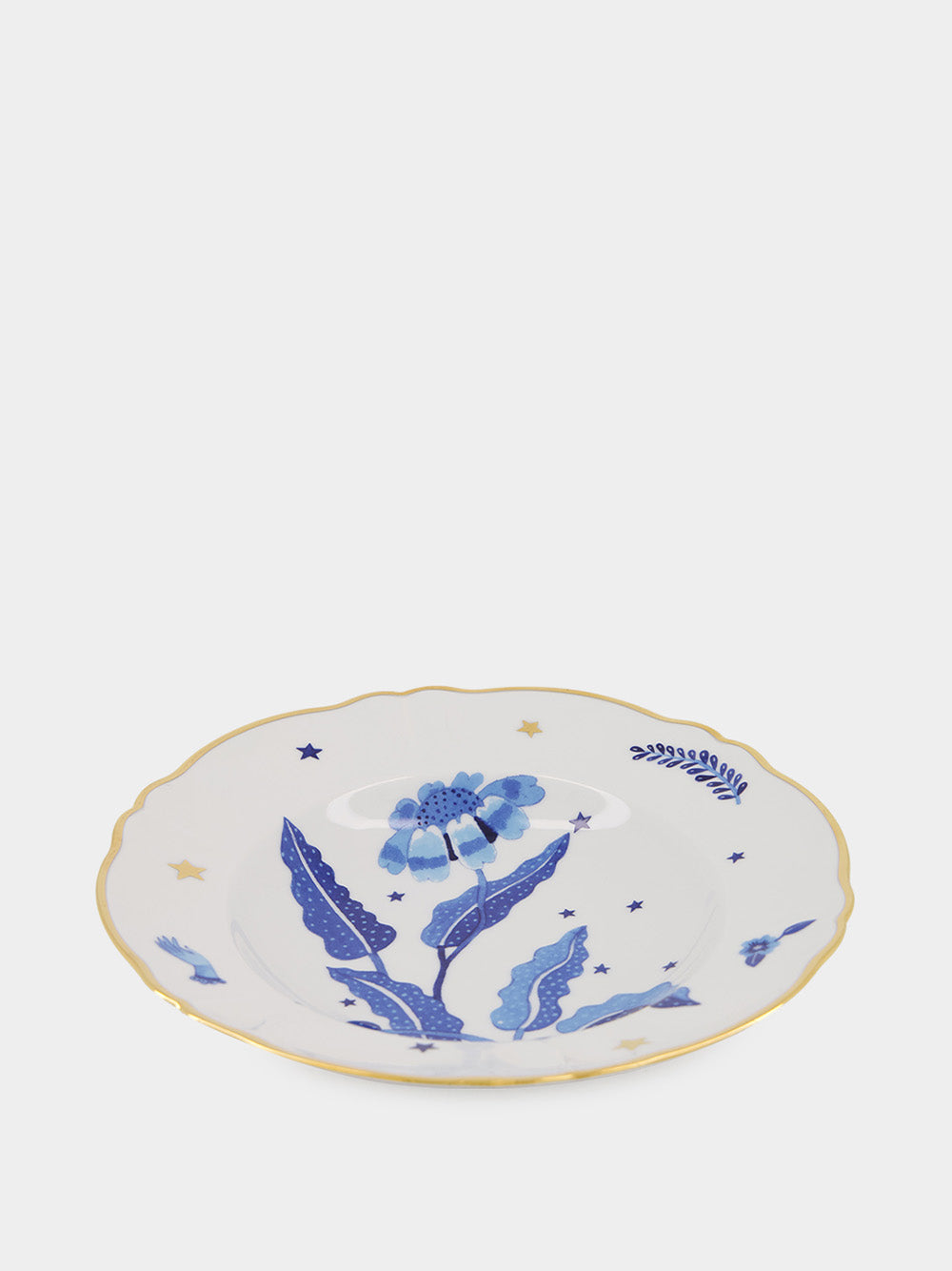 Floral Blue Gold Trim Porcelain Soup Plate