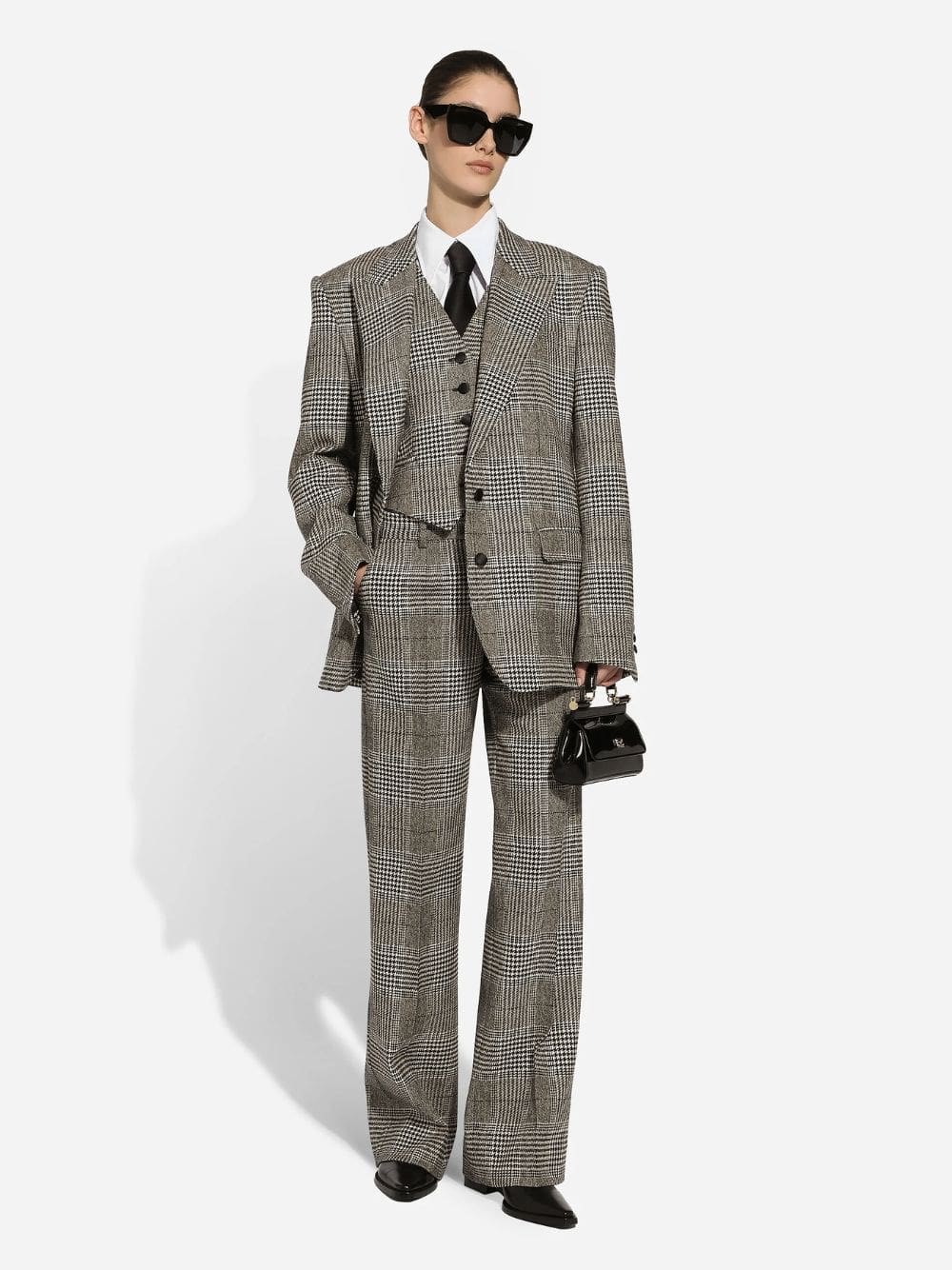 Grey Flared Glen Plaid Pants