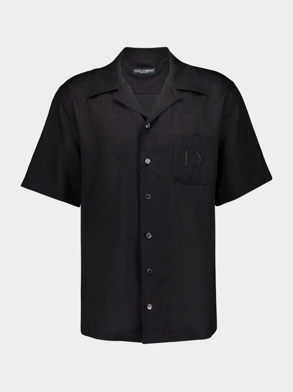 Black Linen Short Sleeve Button-Up Shirt