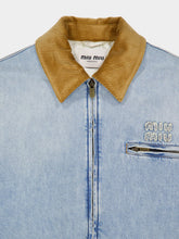 Blue Padded Denim Jacket With Corduroy Collar | PDP - Fashion Clinic