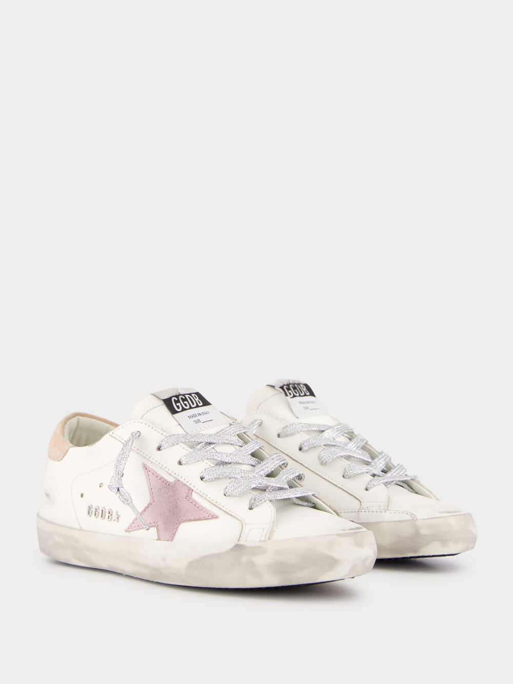 White Antique Pink Super-Star Sneakers With Metal Lettering