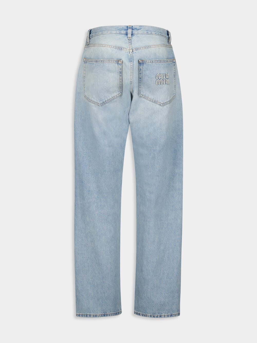 Miu Miu Blue Straight-Leg Jeans with Logo Patch | Fashion Clinic