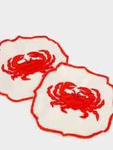 Les Ottomans Red Crab Hand-Embroidered Cocktail Napkin Set of 2
