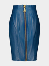 Balmain Blue Zipped Lambskin Skirt