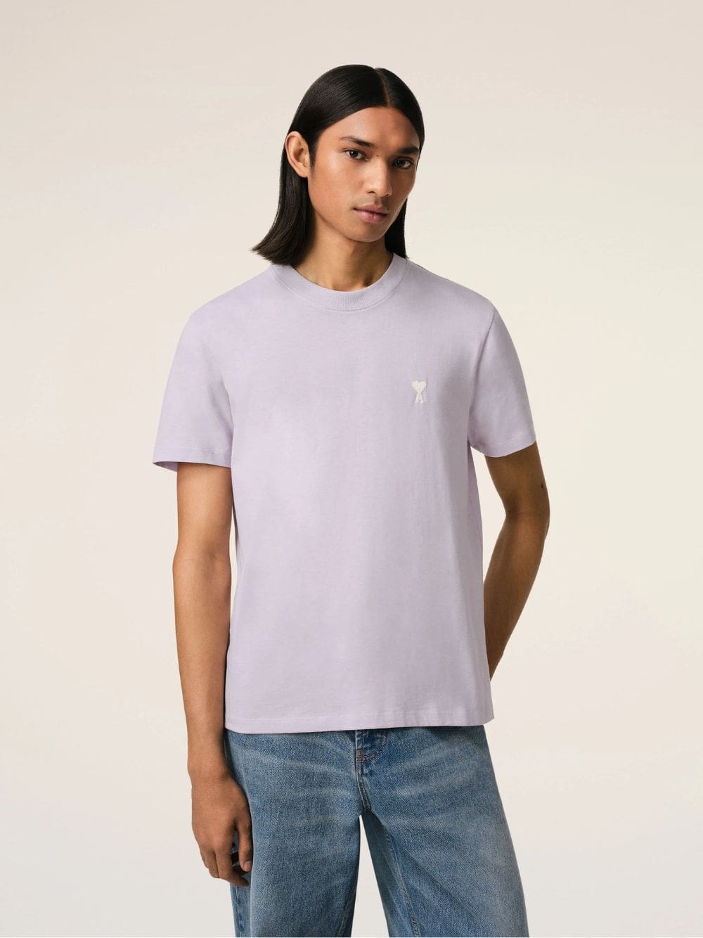 Lilac Cotton T-Shirt with Heart Embroidery