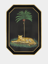 Les Ottomans Black Hand-Painted Iron Tray with Leopard