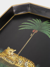 Les Ottomans Black Hand-Painted Iron Tray with Leopard