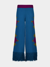 Paula Jones Mykonos Blue Jacquard Pants with Fringes