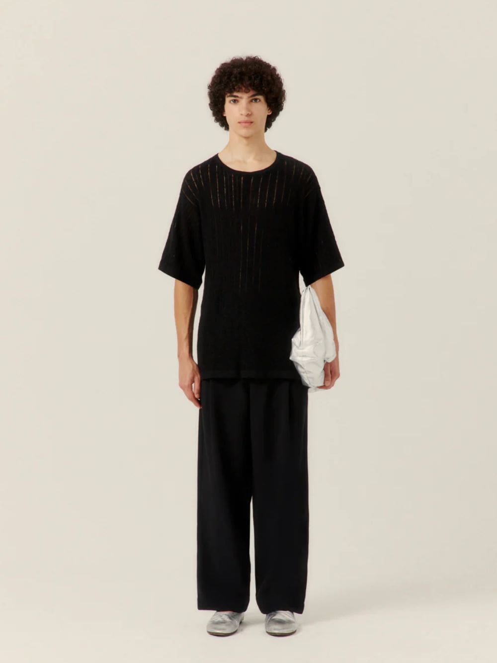 Black Pointelle Knit T-Shirt