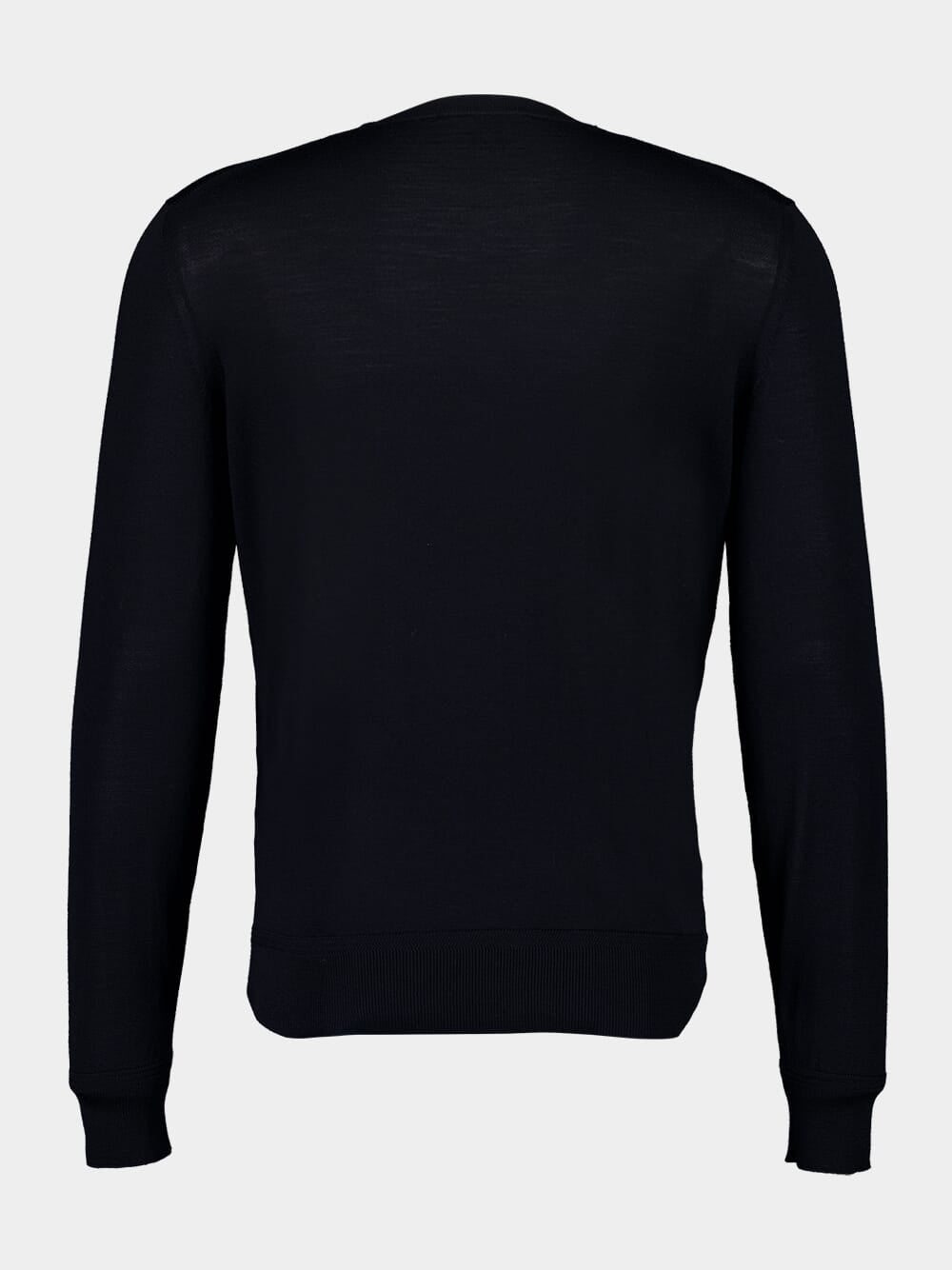 Black Fine Gauge Wool Crew Neck Sweater