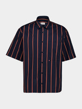 Moncler Navy Blue and Red Striped Cotton Poplin Short Sleeve Shirt