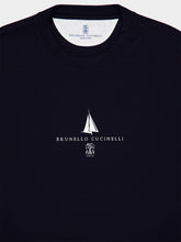 Brunello Cucinelli Navy Blue Knitted Cotton T-Shirt with Logo