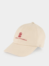 Brunello Cucinelli Beige Cotton Gabardine Cap with Red Logo