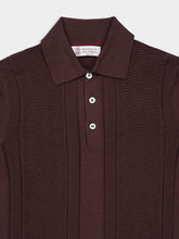 Brunello Cucinelli Dark Brown Cotton Knit Polo with Jacquard Stripes