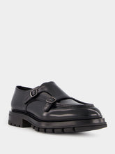 Santoni Black Polished Leather Double Buckle Shoes