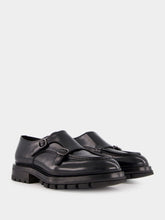 Santoni Black Polished Leather Double Buckle Shoes