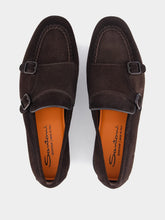 Santoni Dark Brown Suede Double-Buckle Loafers