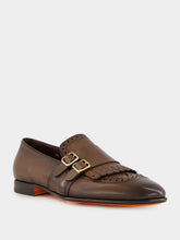 Santoni Dark Brown Leather Double Buckle Shoes