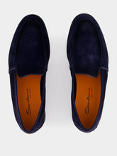 Santoni Blue Suede Calf Leather Loafers